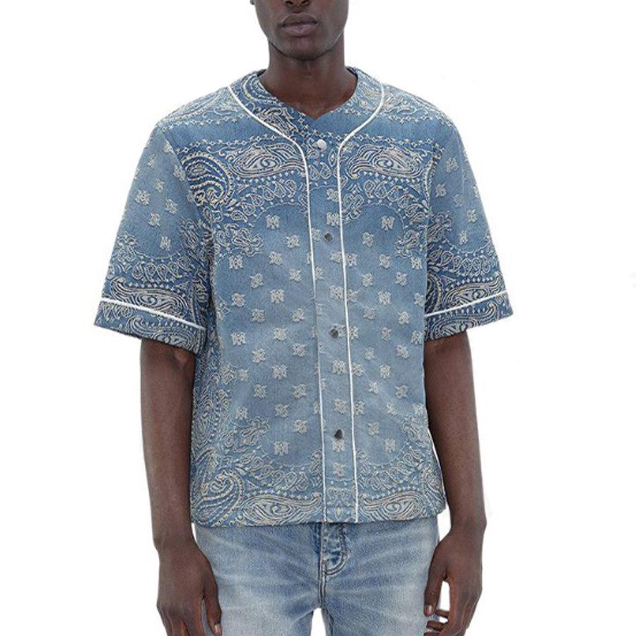 Amiri Men's Denim Jacquard Solid Color Single-Breasted Loose Summer Short Sleeve Shirt Ngvp #1425