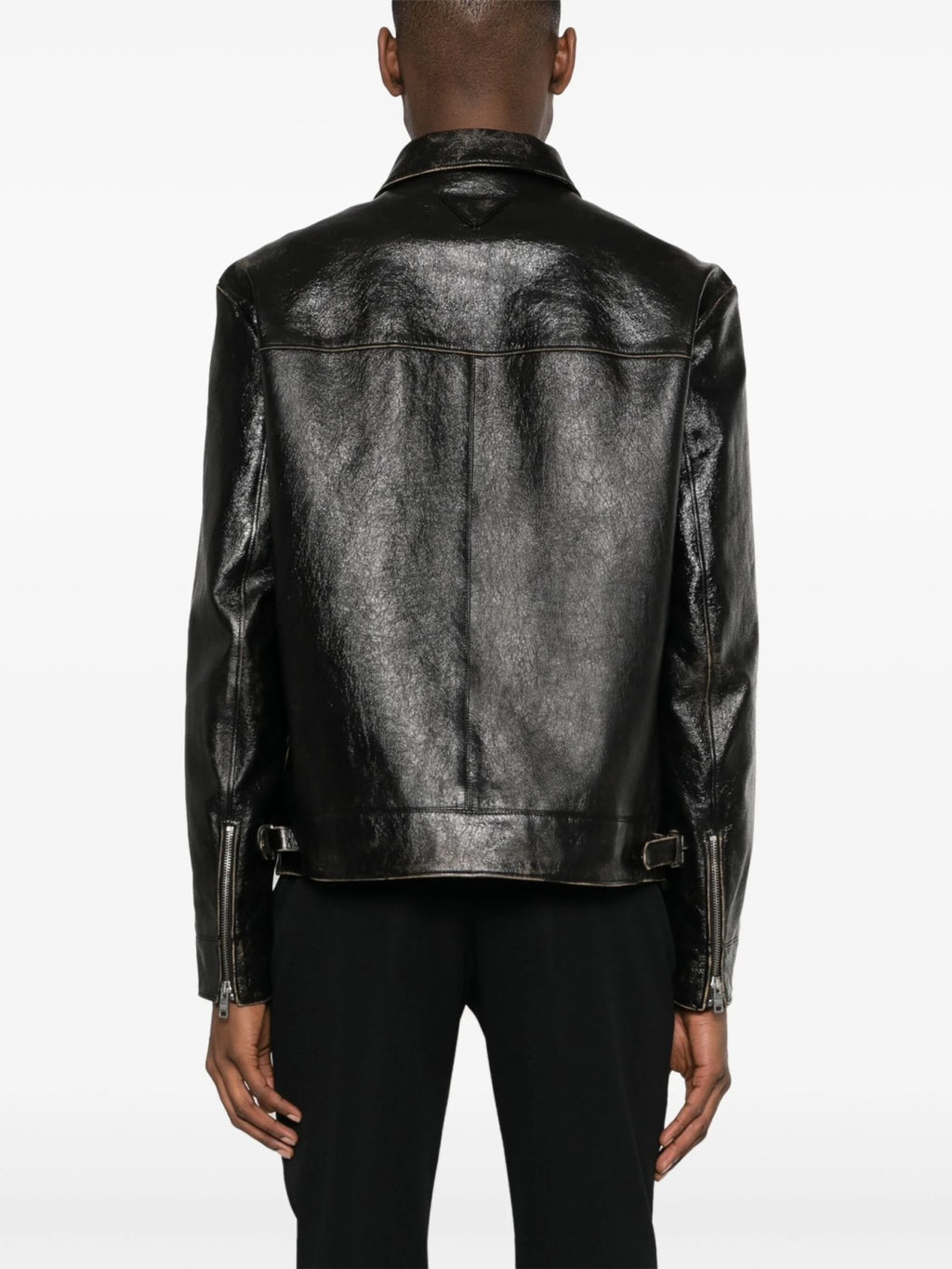 Prada Men's Autumn and Winter Solid Color Fit Lapel Zipper Long Sleeve Leather Jacket #73774