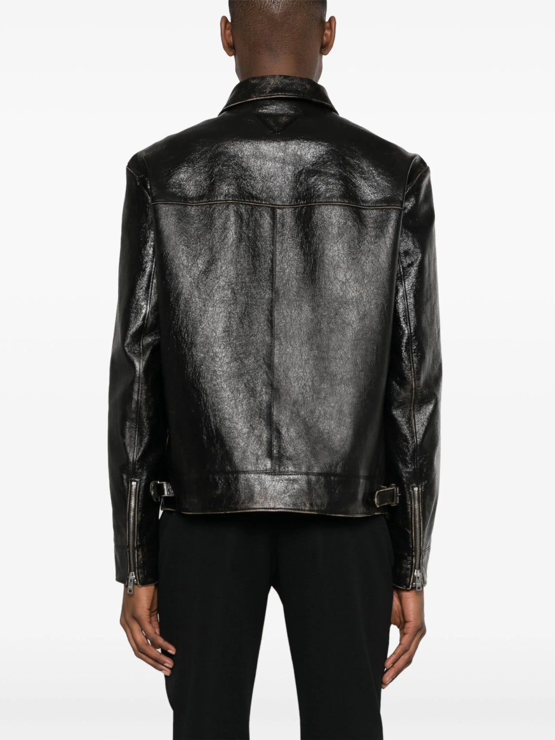 Prada Men's Autumn and Winter Solid Color Fit Lapel Zipper Long Sleeve Leather Jacket #73774