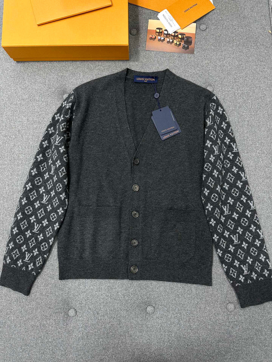 Louis Vuitton Men's Summer Dark Gray Monogram Mix Cashmere Cardigan Men's Knitted Shirt #97122