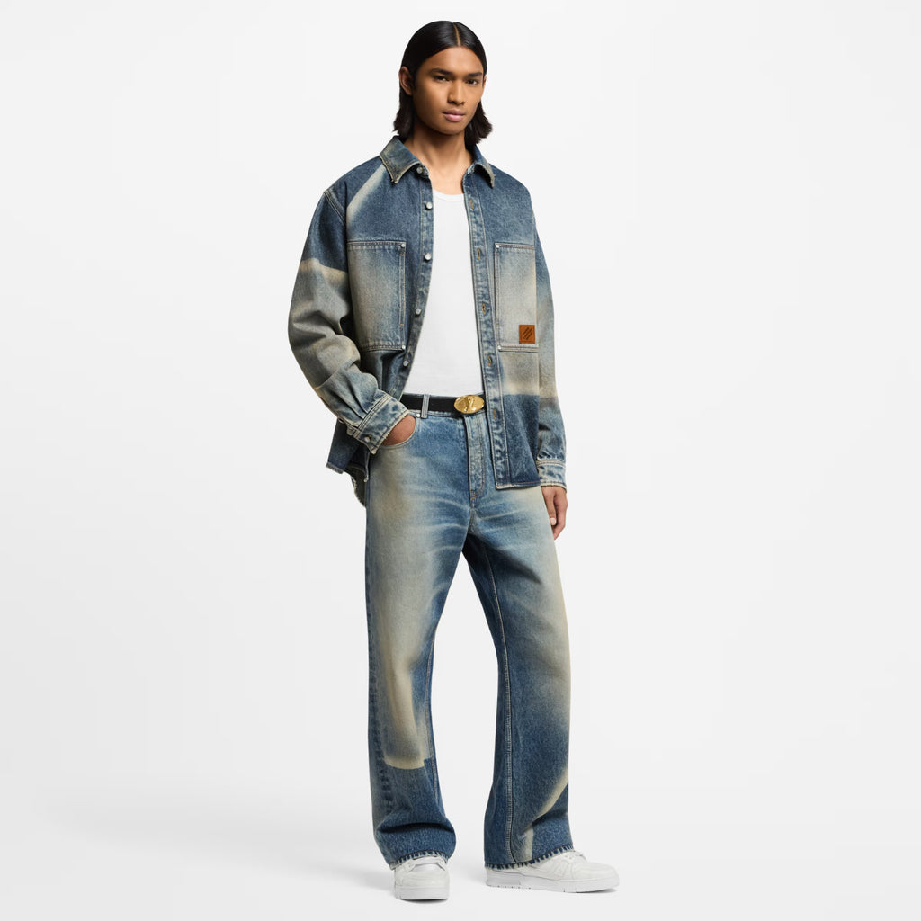 Louis Vuitton Sun Fading Effect Denim Long Sleeve Shirt Skateboarding Jeans Pants Men'S Spring And Summer Fashion High Street Trend Casual Suit Set #75985