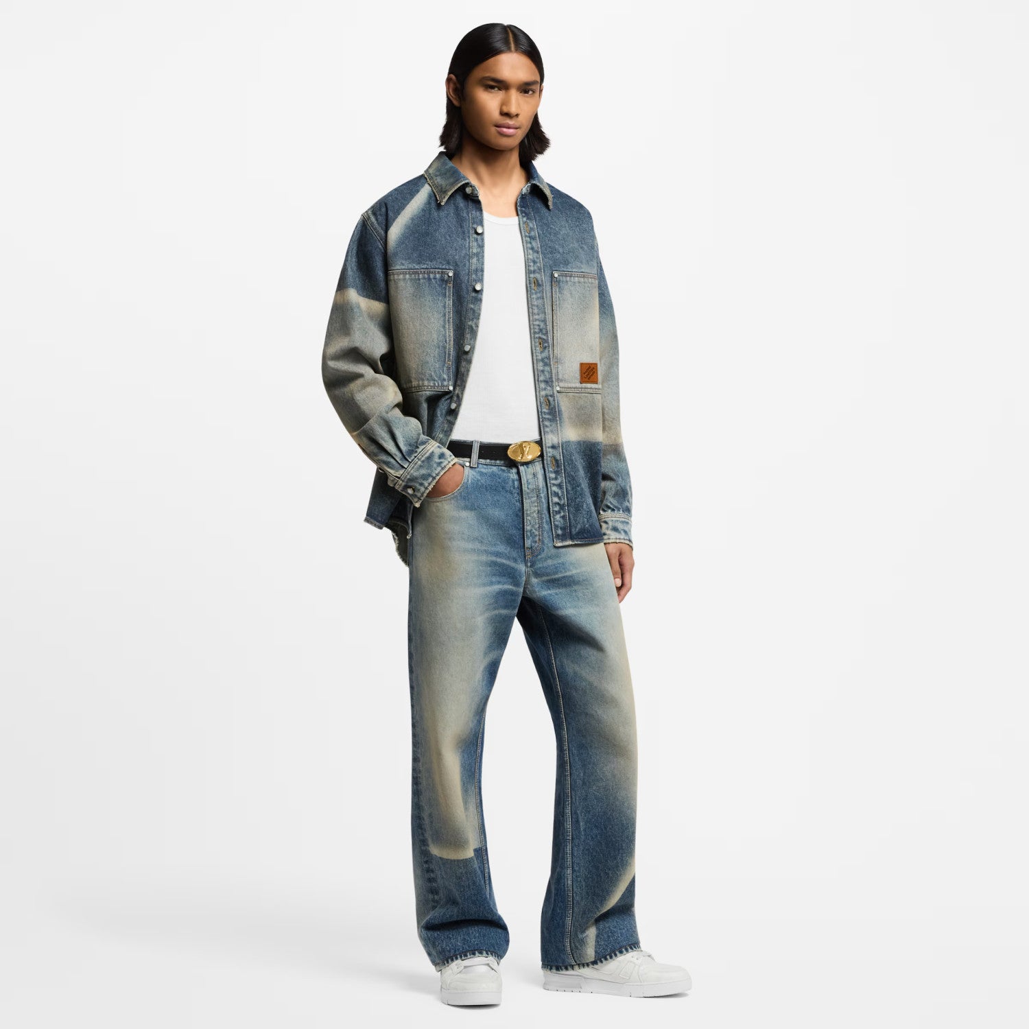 Louis Vuitton Sun Fading Effect Denim Long Sleeve Shirt Skateboarding Jeans Pants Men'S Spring And Summer Fashion High Street Trend Casual Suit Set #75985