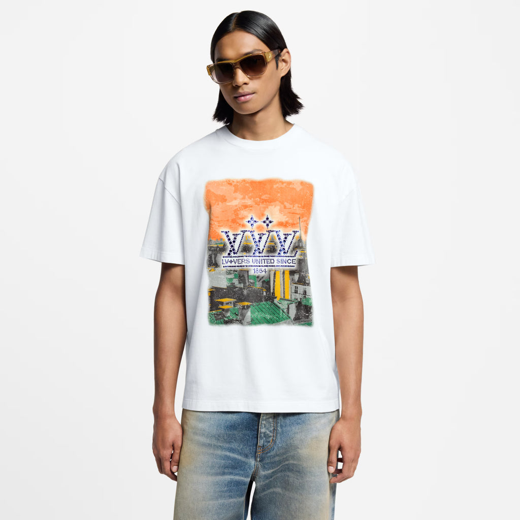 Louis Vuitton Men's Summer High Street Rhinestone Printed Solid Color Round Neck Cotton Straight Short Sleeve T-Shirt #81481