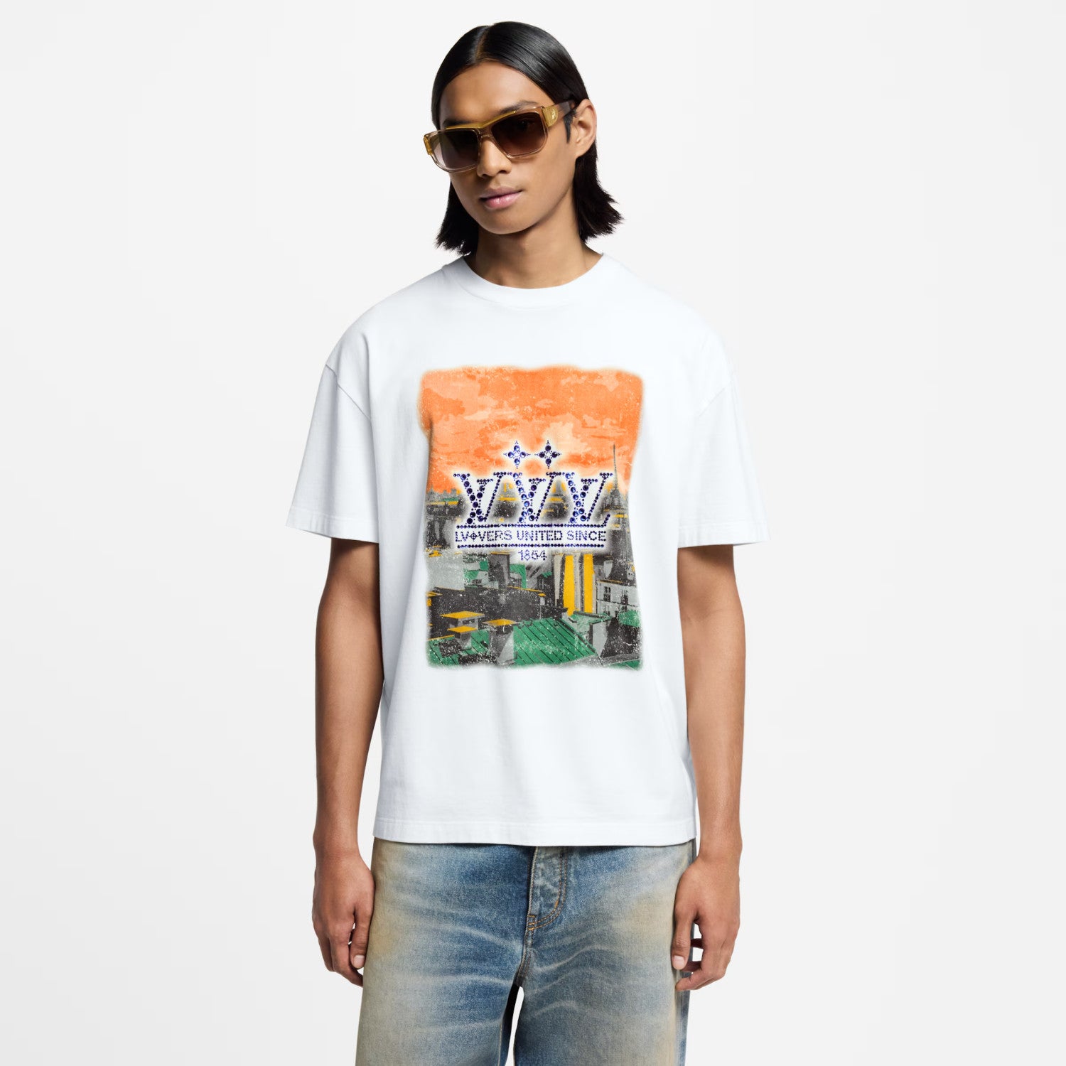 Louis Vuitton Men's Summer High Street Rhinestone Printed Solid Color Round Neck Cotton Straight Short Sleeve T-Shirt #81481