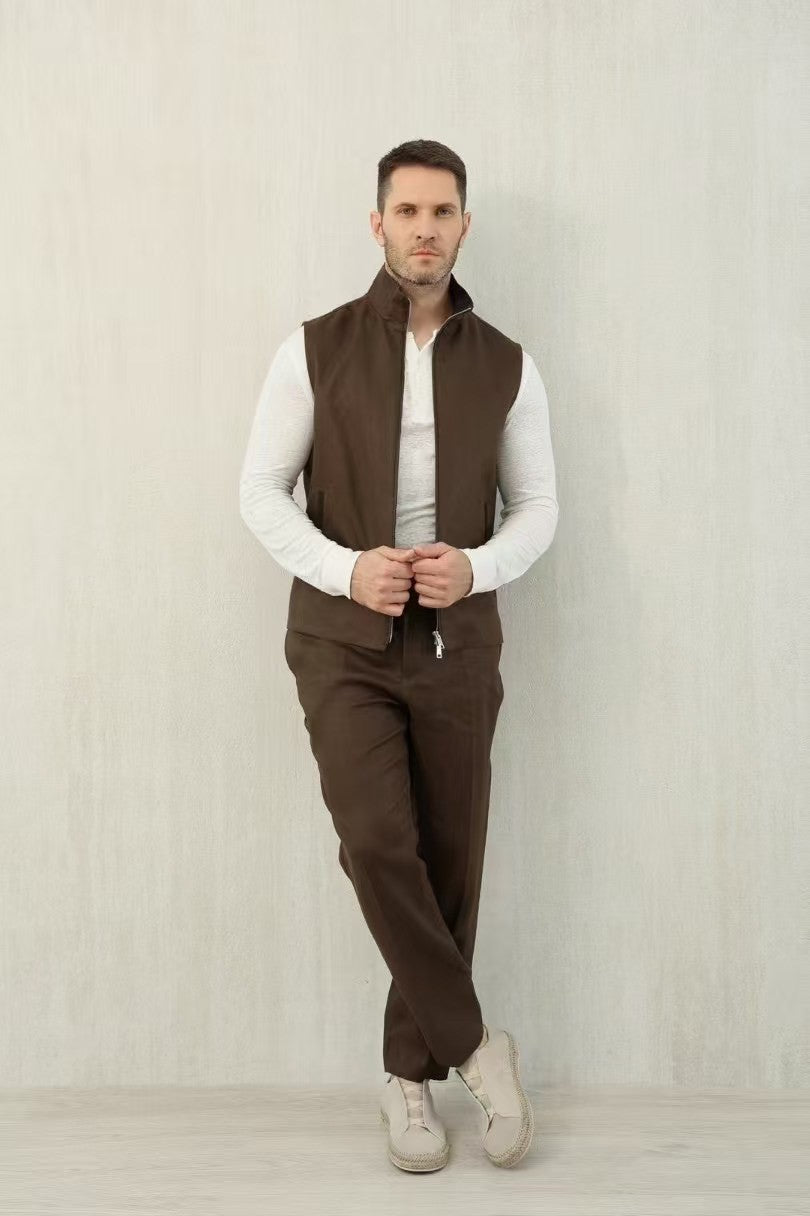 Ermenegildo Zegna Men's Spring And Autumn Solid Color Standing Collar Zipper Fit Sleeveless Vest Jacket Ngvp #1168