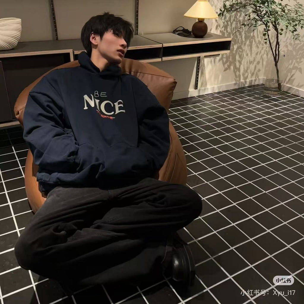 Balenciaga Men's Autumn And Winter Letter Printed Sweatshirt Hooded Long Sleeve Pullover Sweatshirt Navy Blue High Street Trendy Top #81625