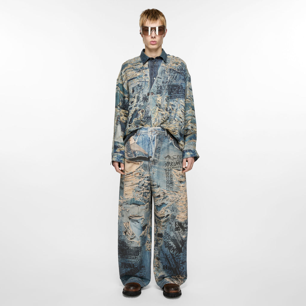 Acne Studios Men's Spring And Summer Ripped Graffiti Mise-en-scène Effect Print Denim Pants Super Loose Fit Jeans Fashion High Street Casual Blue Straight Trousers Ngvp #1186