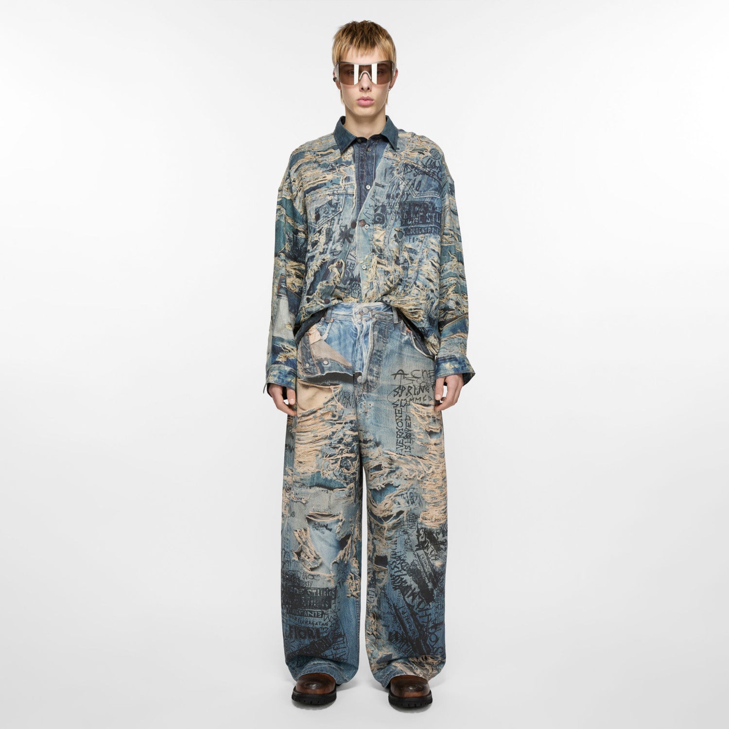 Acne Studios Men's Spring And Summer Ripped Graffiti Mise-en-scène Effect Print Denim Pants Super Loose Fit Jeans Fashion High Street Casual Blue Straight Trousers Ngvp #1186