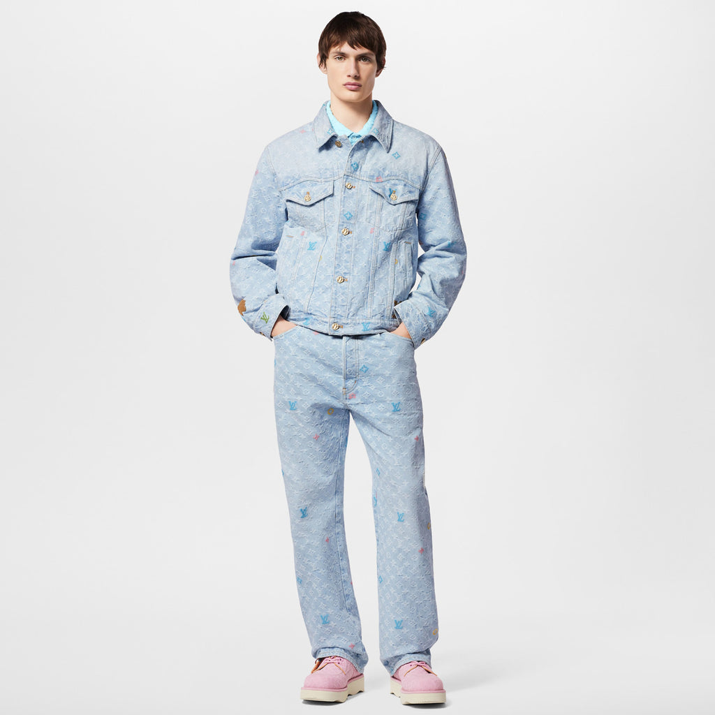 Louis Vuitton Men's Autumn And Winter Light Blue Logo Letters Embroidered Lapel Single Breasted Long Sleeved Denim Jacket Pocket Jeans Pants Set Suit #99427