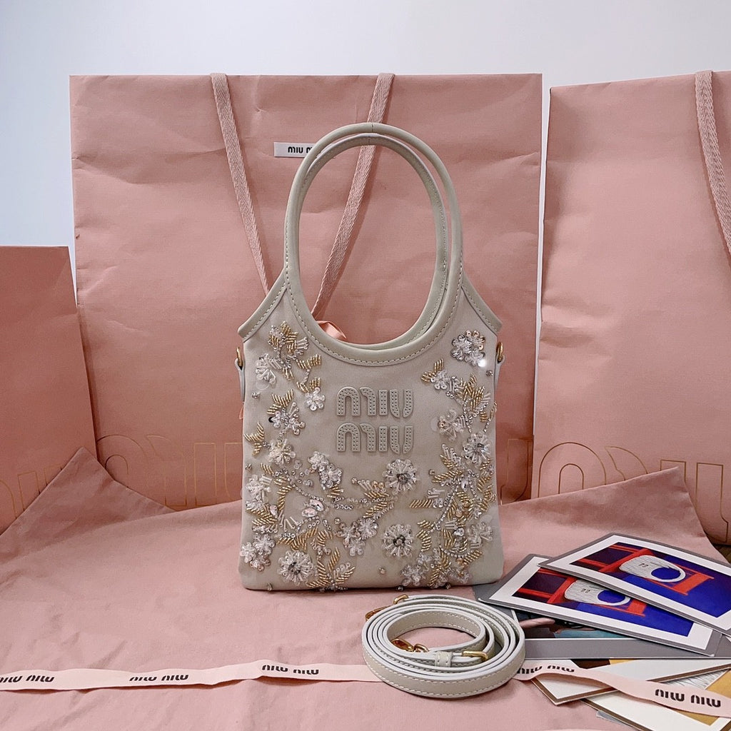 MiuMiu IVY Women's Solid Colour Floral Embroidery Steel Hardware Accessories Cotton Shoulder Crossbody Handbag Bag Bags #76742