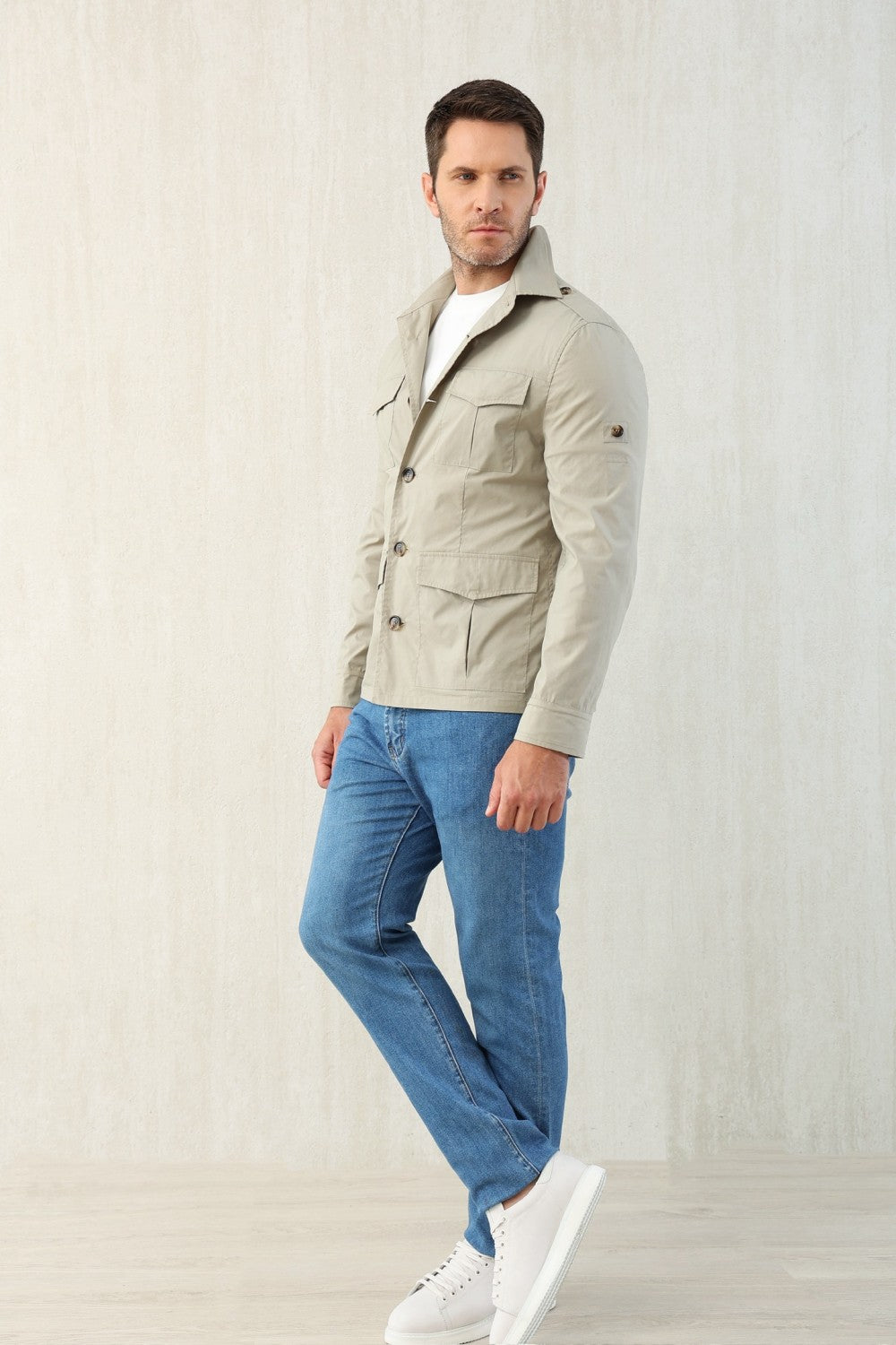 Brunello Cucinelli Men's Spring & Fall Lightweight Water-Resistant Techno Cotton Unlined Safari Jacket Solid Color Lapel Single Breasted Shirt Style Jacket Ngvp #1946