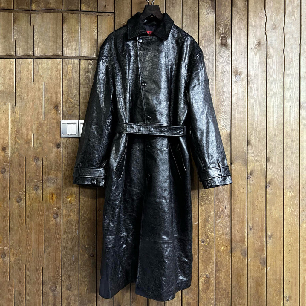 424 Men's Autumn and Winter Leather Belted Single Breasted Pants Long Sleeve Coat Jacket #99317