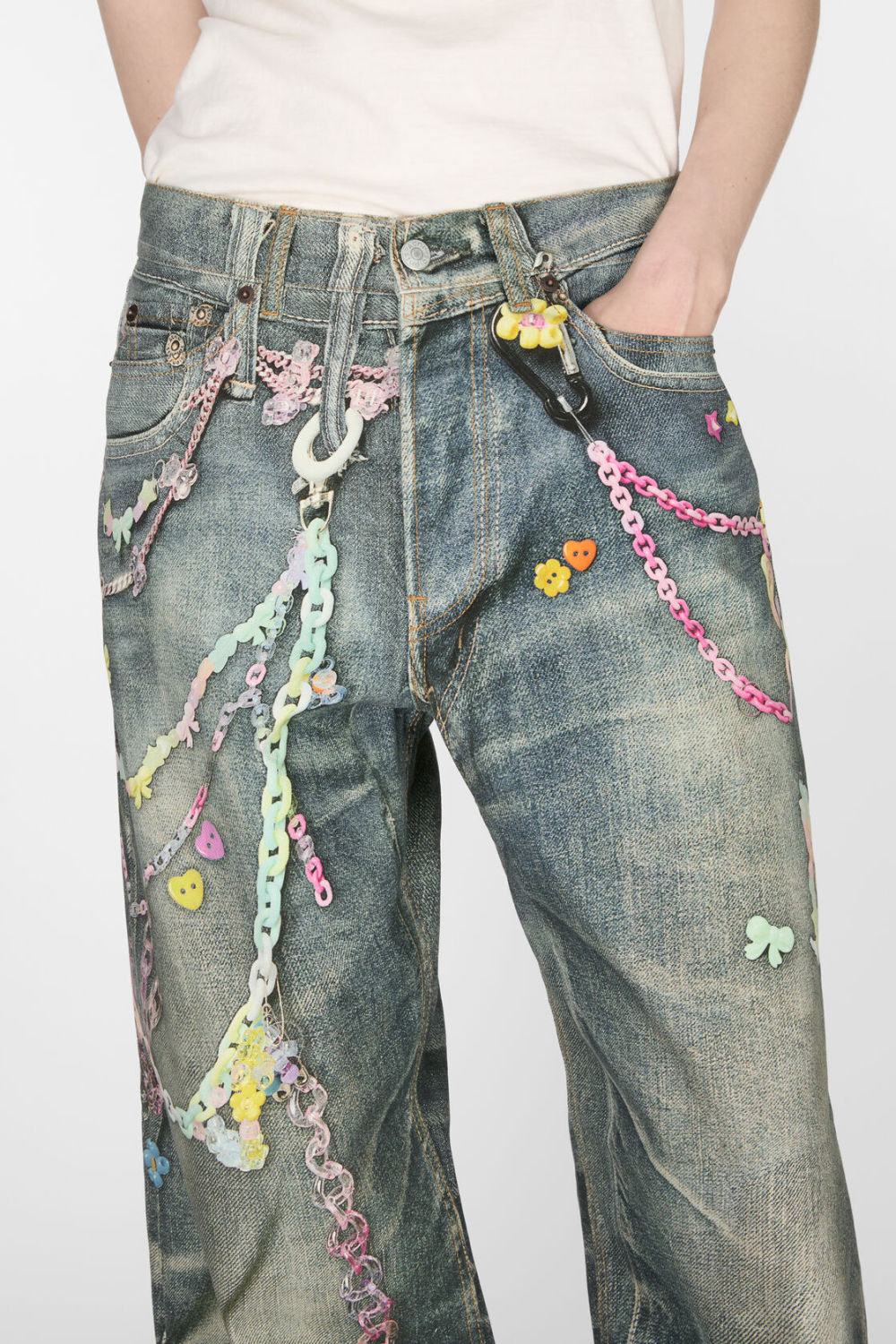 Acne Studios Men's Women's Four Seasons Chain Printed Loose Low Waist Solid Color Baggy Fit  Leg Denim Pants Ngvp #1386
