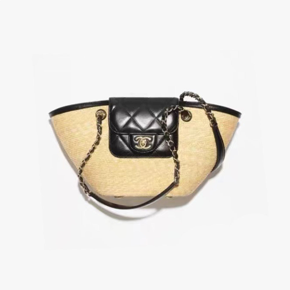 Chanel 26C Straw Basket Bag Lafite Grass White Leather Spliced Tote Bag # 371396