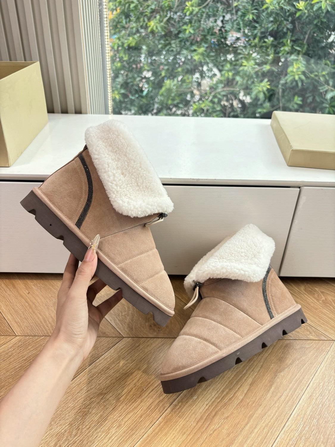 Brunello Cucinelli Women's Fall/Winter Matte Leather Solid-Color Chunky-Heel Snow Boots Short Boots Casual Cotton Slippers Shoes #81586