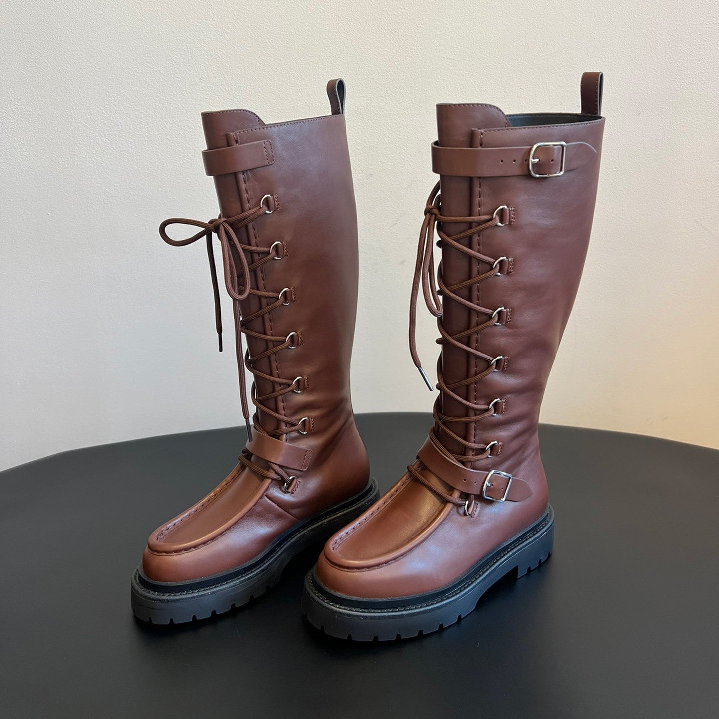 Hermes Women's Fall/Winter Landscape Boots Lace-Up Round-Toe High-Top Boots Solid-Color Cowhide Casual Shoes Heel Height: 3.5cm Ngvp #2326