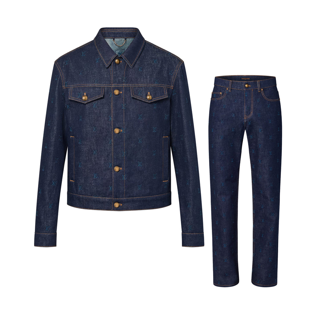 Louis Vuitton Men's Spring And Autumn Logo Embroidery Color Line Single Breasted Denim Long Sleeved Jacket Jeans Pants Set Suit #75393