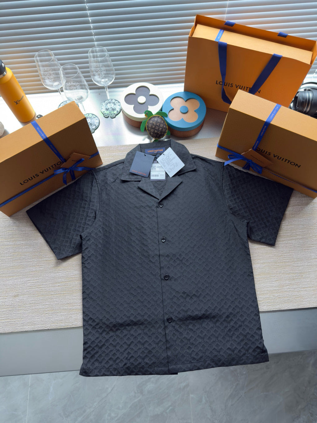 Louis Vuitton Men's Summer Solid Color Embroidered Full Print Silk Blend Single Breasted V-neck Short Sleeved Shirt And Casual Shorts Set Suit #77153