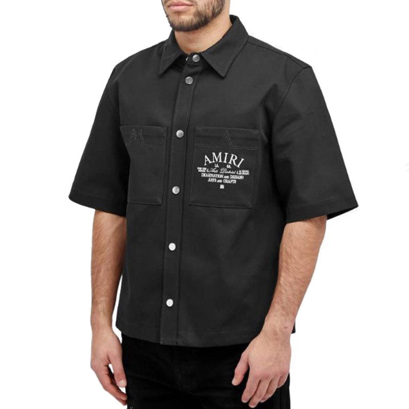 Amiri Men's Arts District Camp Solid Color Logo Embroidered Lapel Single Breasted Short Sleeve Shirt #76214
