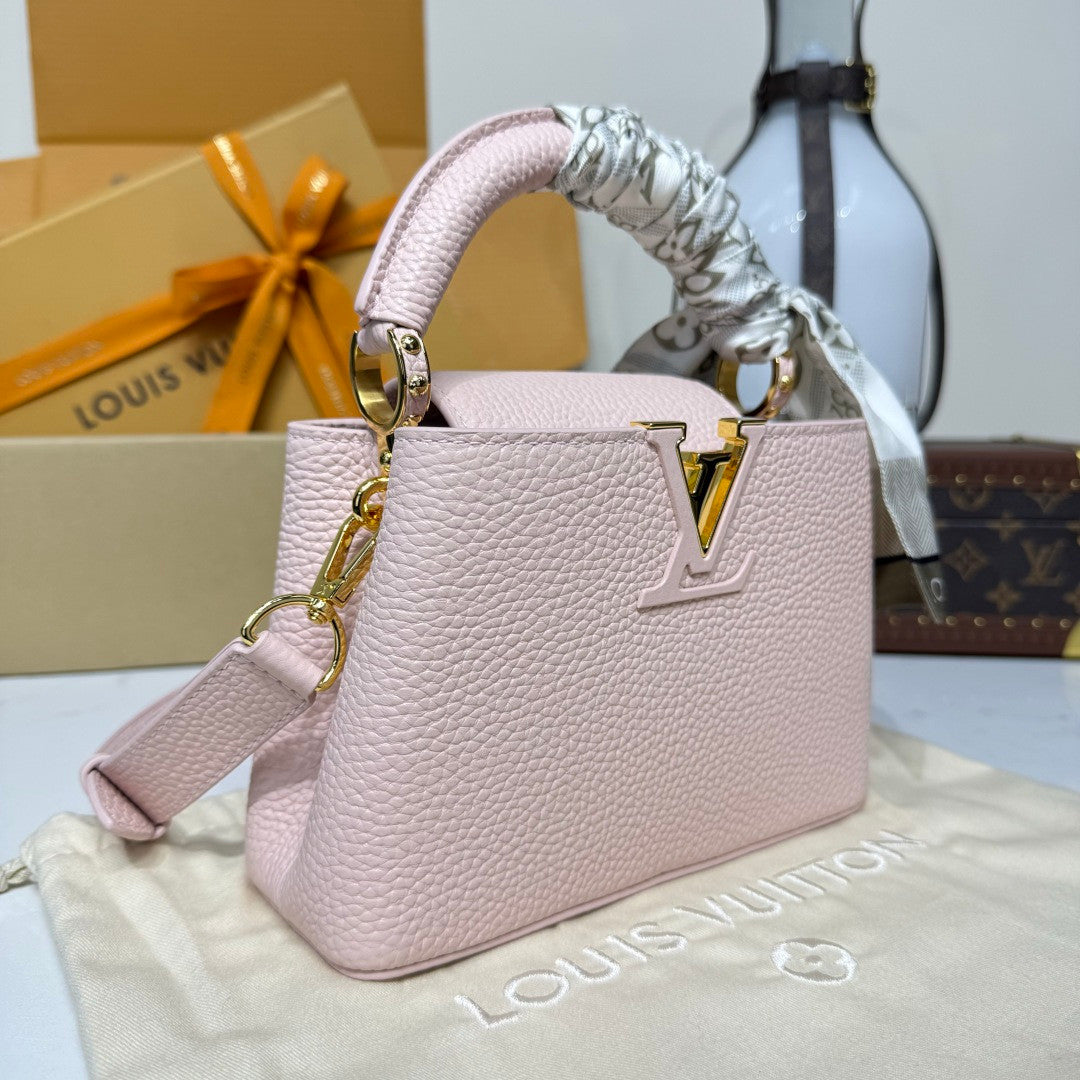 Louis Vuitton CAPUCINES MINI Handbag M24740 Cherry Blossom Pink Chip Monogram Floral Pattern Taurillon Leather Fashionable Modern Clutch Tote Crossbody Bag Bags #195564