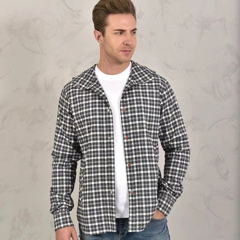 Kiton Men's Spring And Fall Retro Plaid Hooded Shirt Long-sleeved Lapel Buttons Fashion Casual Denim Cotton Shirt Ngvp #8879