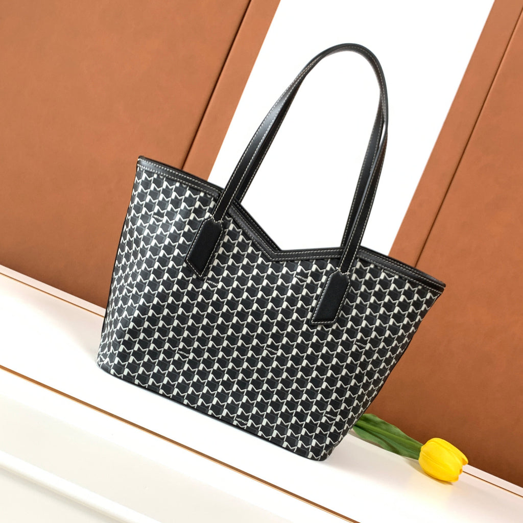 Moynat M Canvas Women's Classic Fashion Black And White Patchwork Canvas Tote Bag With Hook And Eye Closure Dual Use Handles And Shoulder Strap Bag Bags #78711