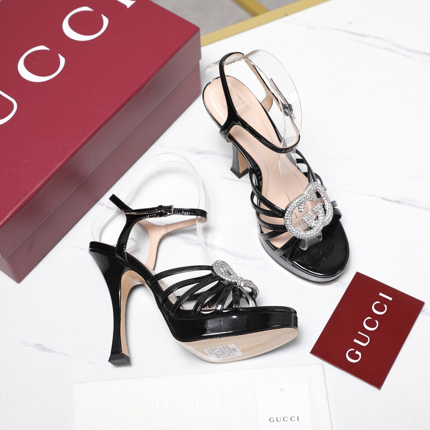 GUCCI Women's Pump With Crystal Interlocking G in Black and Leather 12.5 CM#381122