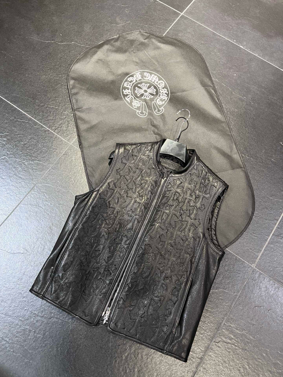 Chrome Hearts Men's Spring/Summer Dark Logo Leather Zipper Sleeveless Waistcoat Vest Jacket #98936