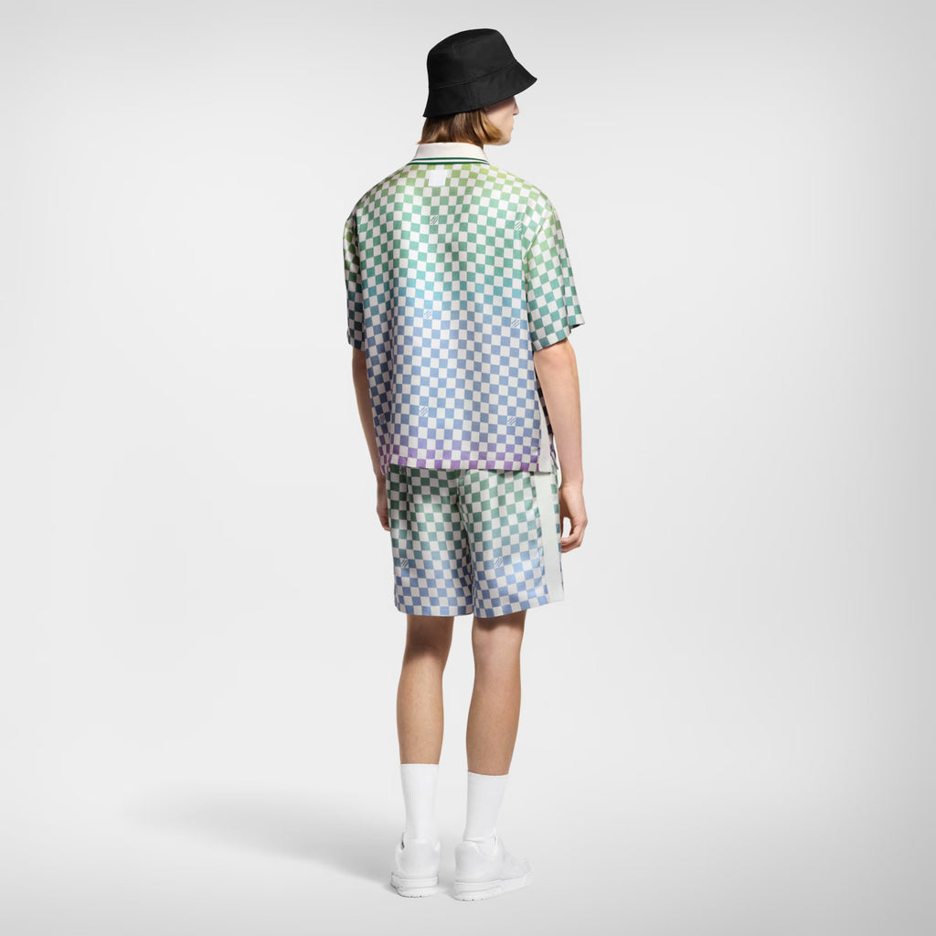 Louis Vuitton Men's Spring/Summer Damier Gradient Printed Mulberry Silk Short Sleeve Polo Shirt Casual Elastic Waist Shorts #81171