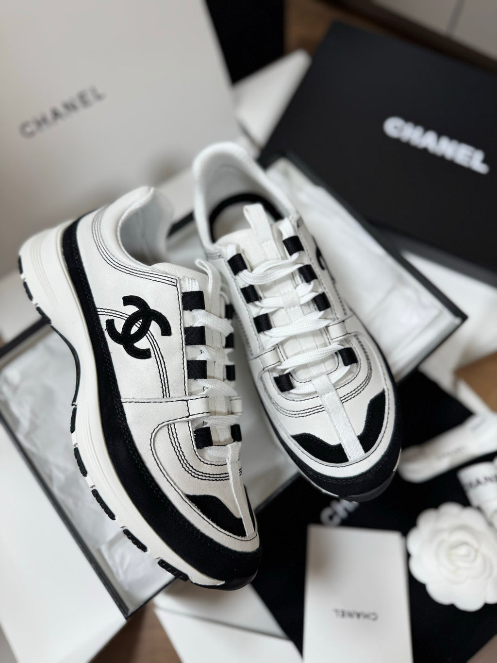 CHANEL Sneakers Calfskin Suede Calfskin White Black #381217