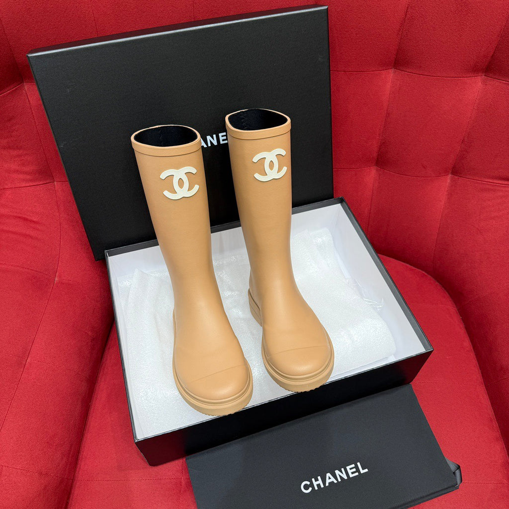 Chanel 25S Fashion Overalls Tall Boots Women's Beige Anti-Slip Rain Boots #332426