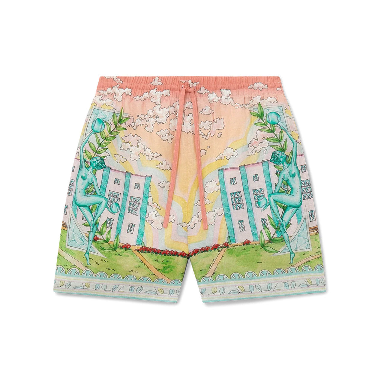 Casablanca Men's Women's Spring And Autumn Vase Print Lapel Single-Breasted Short-Sleeved Linen Shirt Casual Elastic Waist Loose Shorts Ngvp #9386