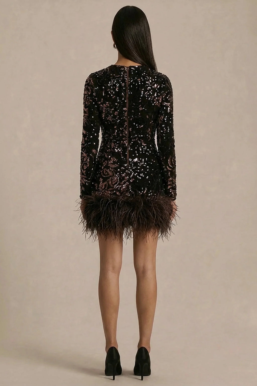 Stardust | Brown Sequined Velvet Crew-Neck Mini Dress With Feather Trim