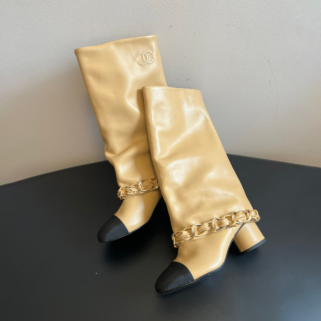 Chanel Women's Solid Color Round Toe Leather High Top Riding Boots Shoes #77819