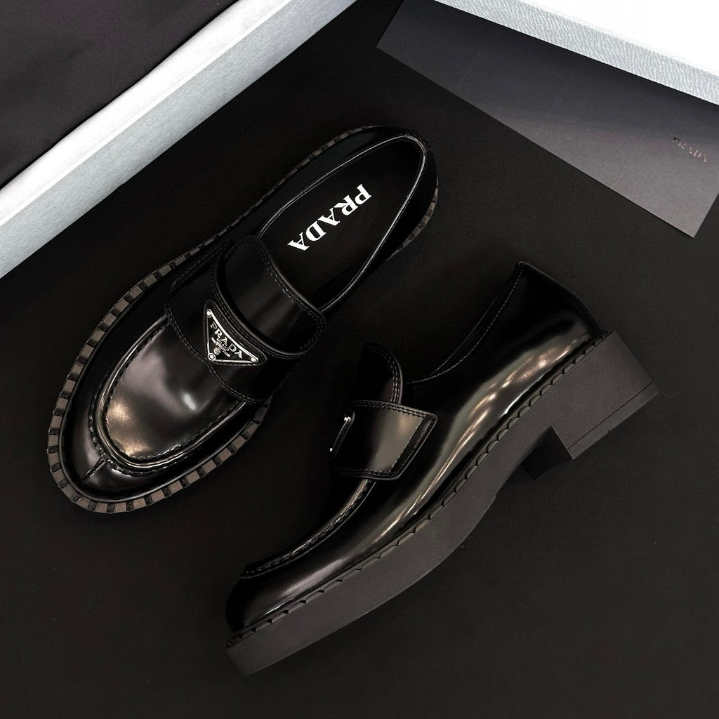Prada Women's Spring/Fall Fashion Classic Round Toe Lace Up Slip On Triangle Logo Emblem Leather Chunky Sole Loafers Shoes #78529