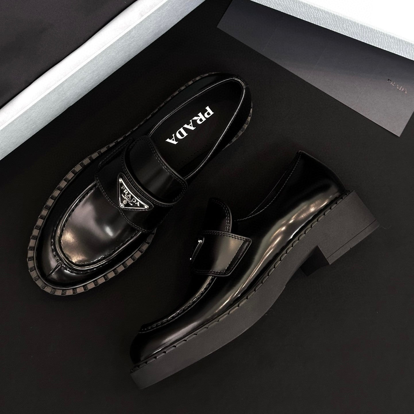 Prada Women's Spring/Fall Fashion Classic Round Toe Lace Up Slip On Triangle Logo Emblem Leather Chunky Sole Loafers Shoes #78529
