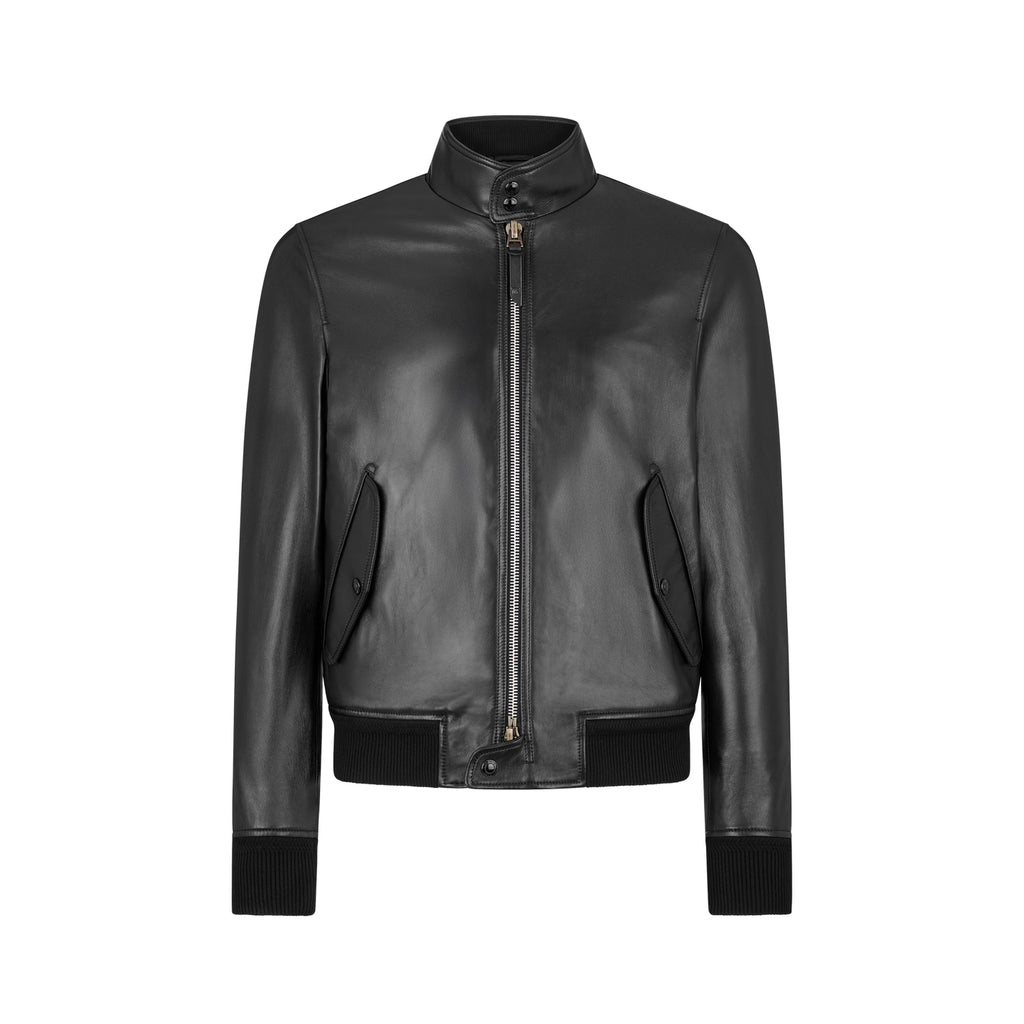 Tom Ford Men's Fall/Winter Fashion Classic Solid Color Leather High Neck Zipper Long Sleeve Leather Jacket #79141