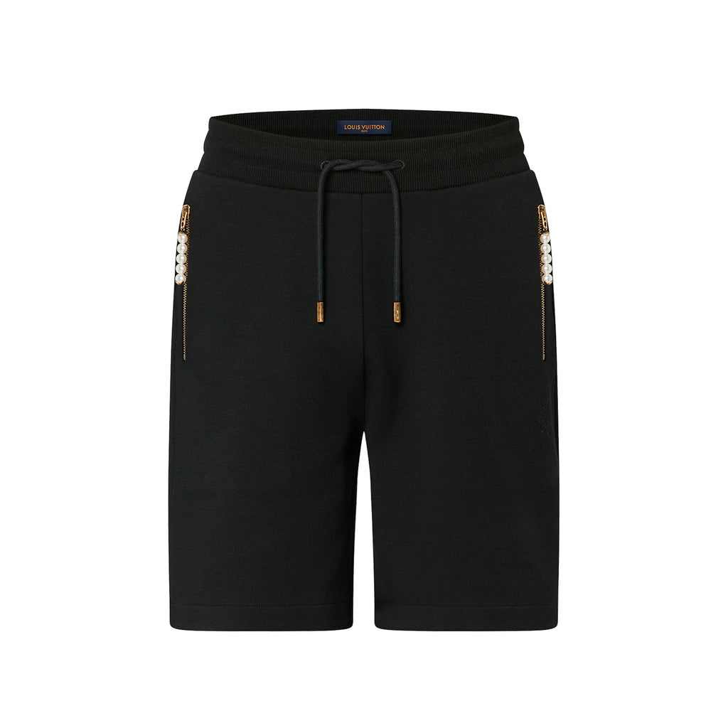 Louis Vuitton Men's Summer Black Embroidered Knit Fabric Casual Lace-Up Shorts Pants #98794