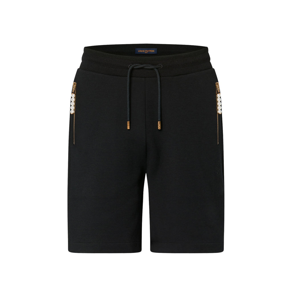 Louis Vuitton Men's Summer Black Embroidered Knit Fabric Casual Lace-Up Shorts Pants #98794