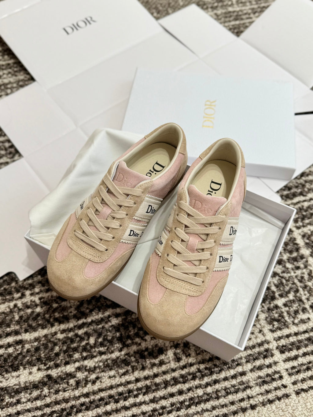 DIOR Dior Ribbon Sneaker Pink and Beige Suede Calfskin #381517