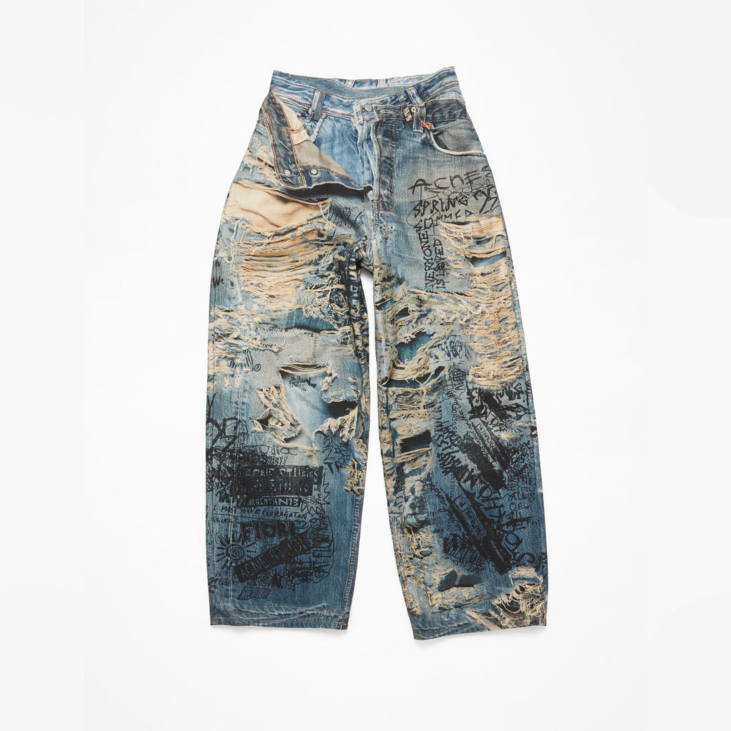 Acne Studios Men's Spring And Summer Ripped Graffiti Mise-en-scène Effect Print Denim Pants Super Loose Fit Jeans Fashion High Street Casual Blue Straight Trousers Ngvp #1186