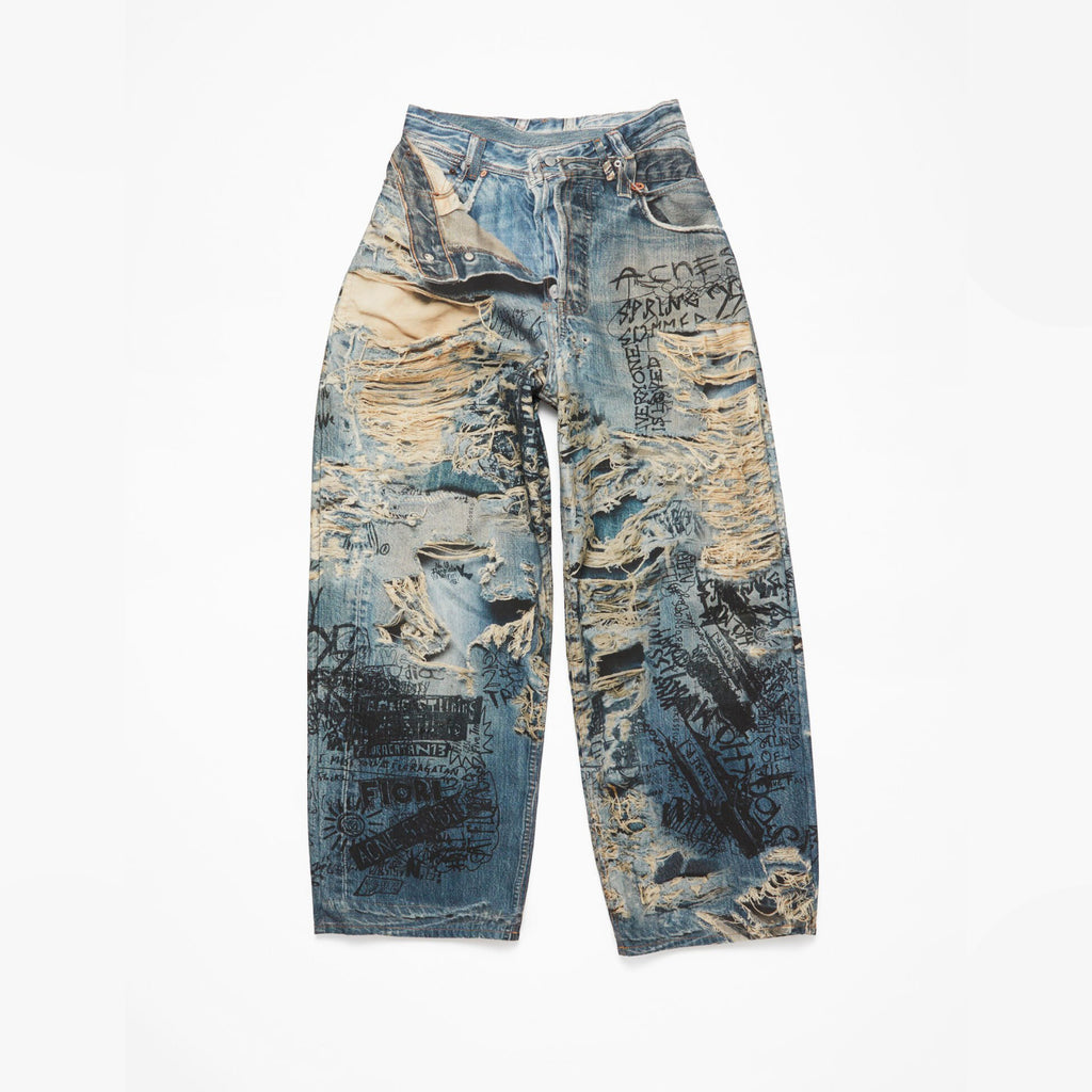 Acne Studios Men's Spring And Summer Ripped Graffiti Mise-en-scène Effect Print Denim Pants Super Loose Fit Jeans Fashion High Street Casual Blue Straight Trousers Ngvp #1186