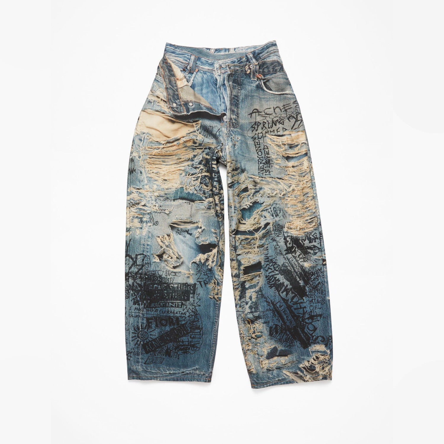 Acne Studios Men's Spring And Summer Ripped Graffiti Mise-en-scène Effect Print Denim Pants Super Loose Fit Jeans Fashion High Street Casual Blue Straight Trousers Ngvp #1186