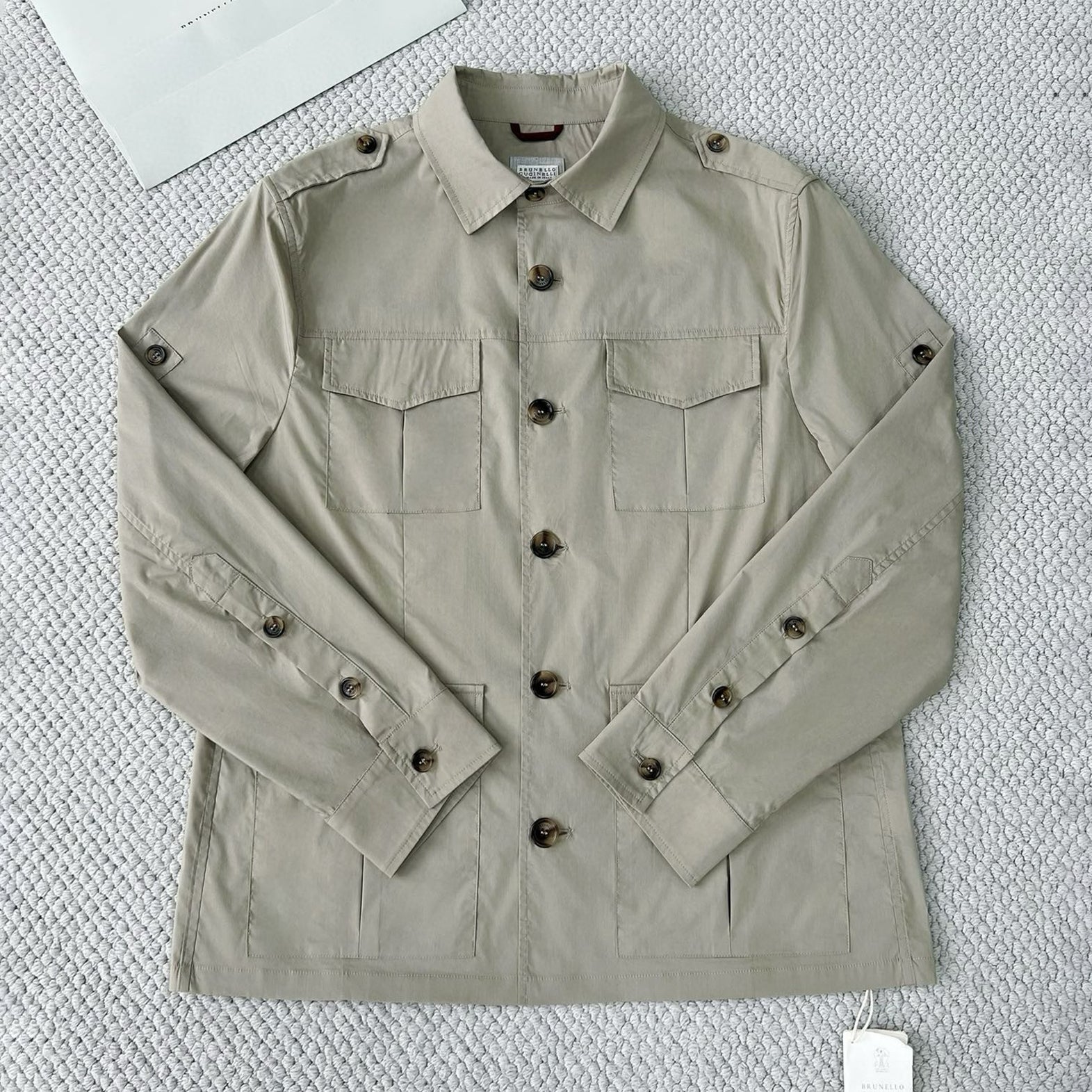 Brunello Cucinelli Men's Spring & Fall Lightweight Water-Resistant Techno Cotton Unlined Safari Jacket Solid Color Lapel Single Breasted Shirt Style Jacket Ngvp #1946