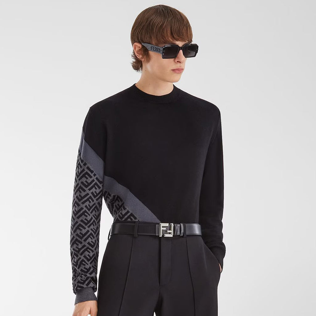 Fendi Men's Spring Autumn FF Classic Twill Jacquard Patchwork Crew Neck Knit Pullover Sweater #97843