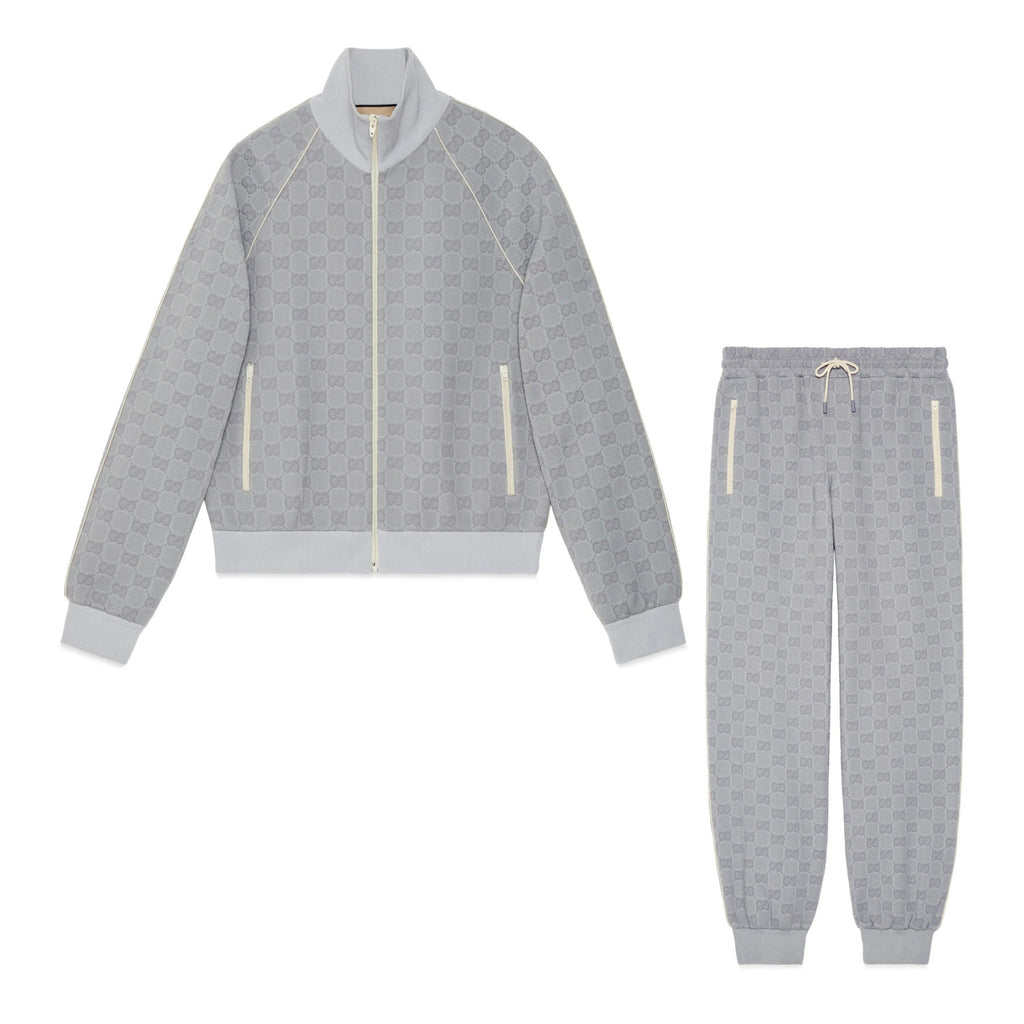 Gucci Men's Spring and Autumn Gray Letter Logo Full Print Zipper Long Sleeve Jacket Drawstring Tie Sweatpants Pants Suit Set #72978