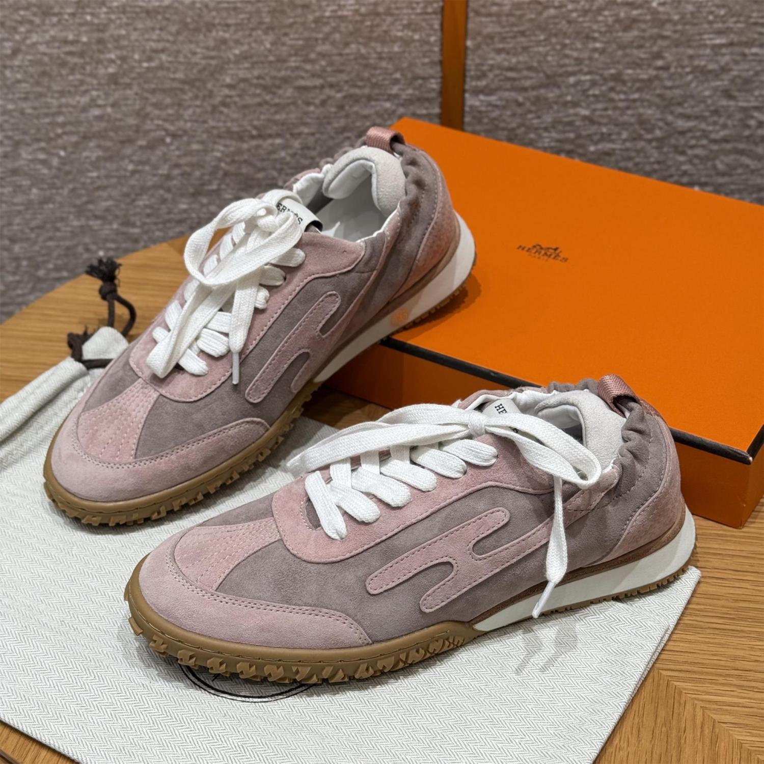Hermes Jet Women's Four-Season Color-Blocked Suede Fabric Rubber Sole Low-Top Lace-Up Sneakers Shoes #77573