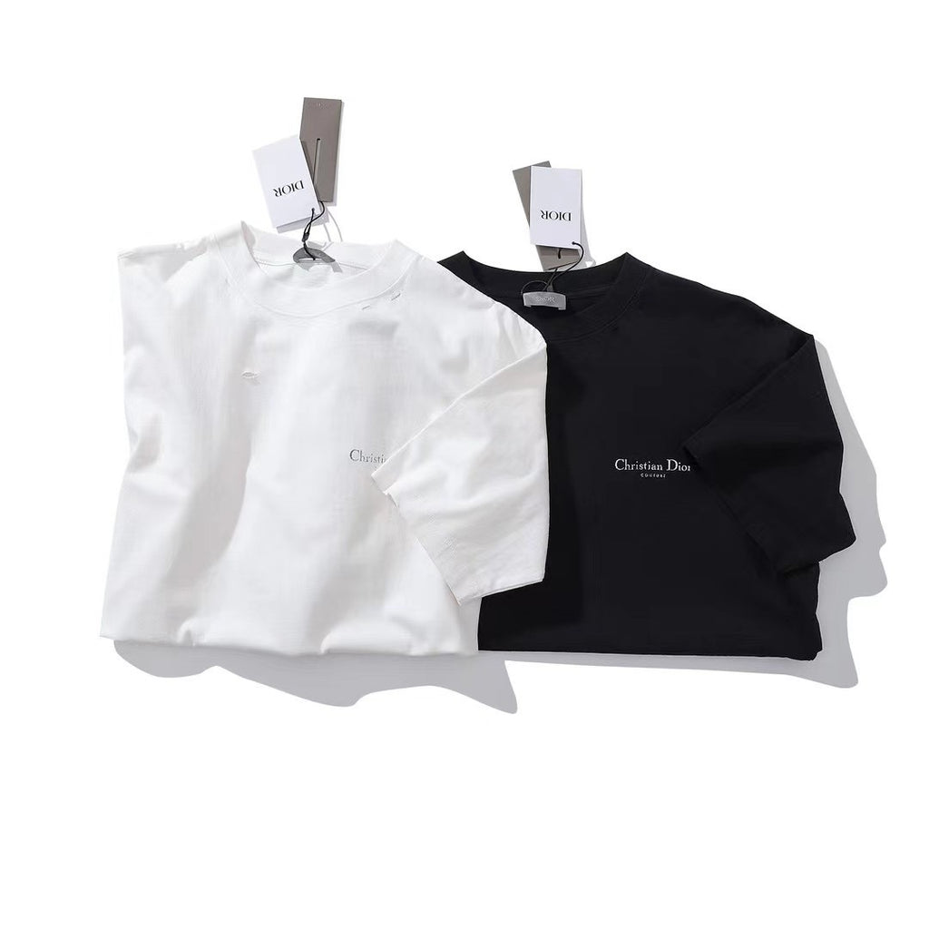 Dior Men's & Women's Summer Fashion Casual Solid Color Crew Neck Christian Dior Couture Print Relaxed Fit Plain-weave Knit Fabric With Distressed Finish Short Sleeve T-Shirt #79127
