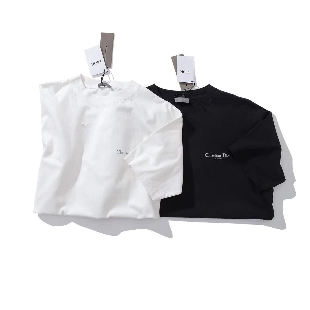 Dior Men's & Women's Summer Fashion Casual Solid Color Crew Neck Christian Dior Couture Print Relaxed Fit Plain-weave Knit Fabric With Distressed Finish Short Sleeve T-Shirt #79127