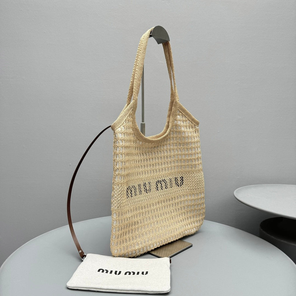 MiuMiu IVY Raffia Women's Solid Color Linen Woven Mesh Letter Print Shopping Bag Shoulder Bags #77355